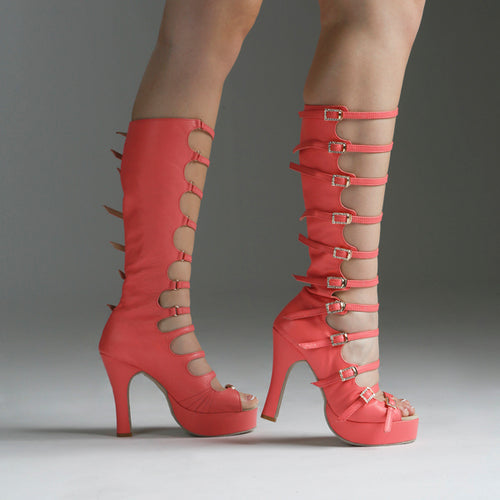 Sultana Boot Coral Pink Leather Rhinestone Buckles